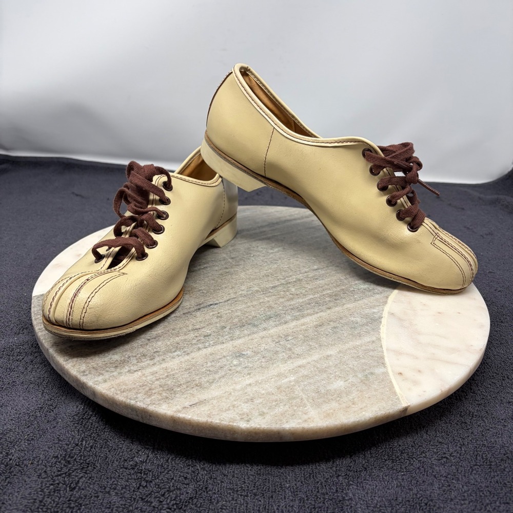 Vintage Cream Leather Bowling Shoes Brown Lace Up Oxford Retro 7.5 Rockabilly